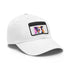 Adorable Jack Russell snapback cap in white with light brown patch.