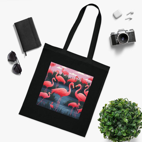 Vibrant black cotton tote bag with playful pink flamingo pattern.