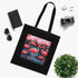 Vibrant black cotton tote bag with playful pink flamingo pattern.