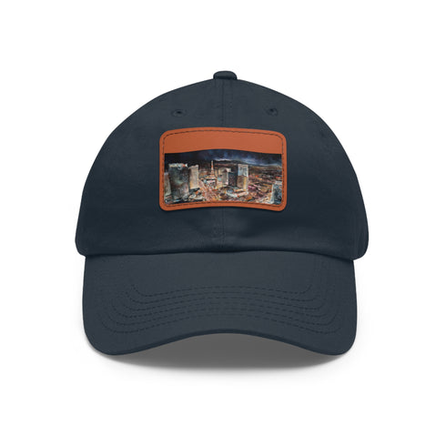 Vibrant Vegas skyline baseball cap with white/light brown rectangle design.