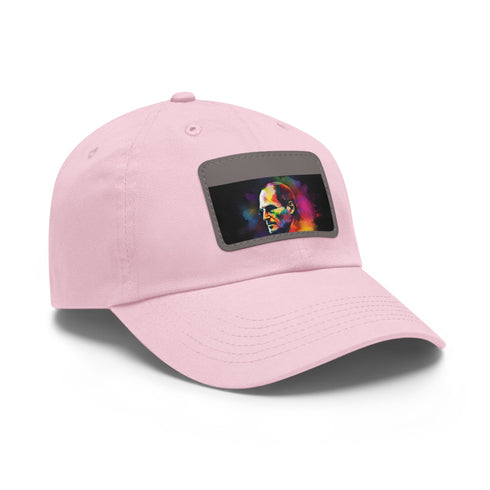 Neon watercolor Steve Jobs inspired baseball cap with light brown patch.