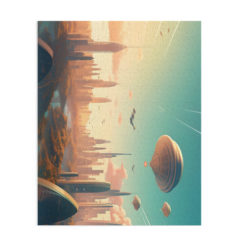Futuristic skyline jigsaw puzzle of flying cars and skyscrapers.