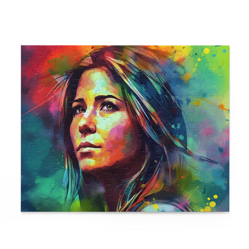 Jennifer Aniston neon watercolor puzzle with vibrant design, 120 pieces.
