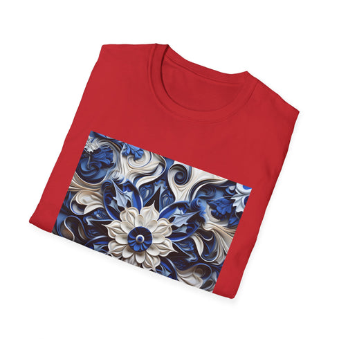 Porcelain Blue Blossom Tee, Cotton Floral Summer T-Shirt.