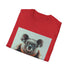 Charcoal cotton t-shirt features a quirky koala sipping tea on books