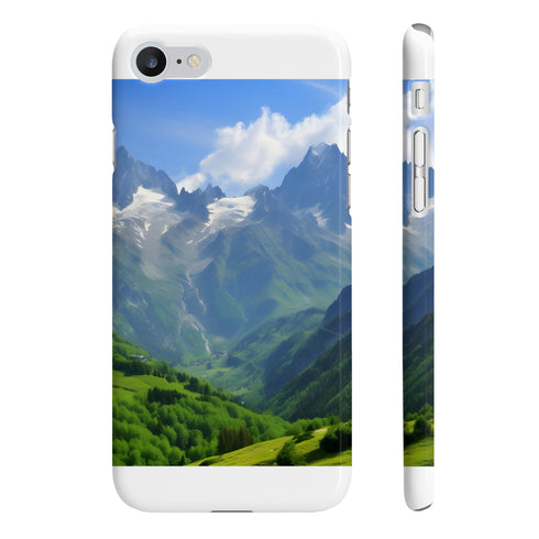 French Alps snow-capped peaks phone case, glossy material, iPhone 7/8 Plus.