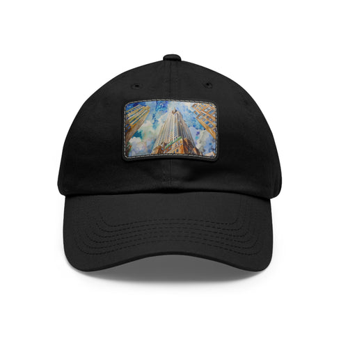 White cotton hat with Chrysler Building watercolor design, unisex and vegan.