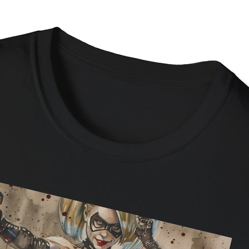 Harley Quinn graphic tee, cotton, crew neck, charcoal, summer style.