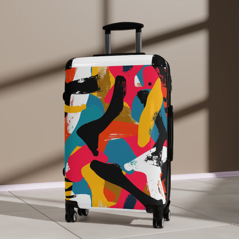 Modern bright abstract suitcase set in bold geometric seamless pattern.