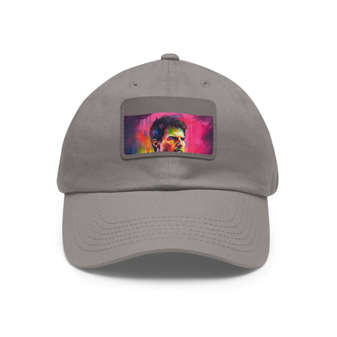 Neon watercolor baseball cap with light brown patch; standout accessory.