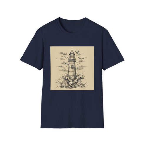 Charcoal cotton t-shirt featuring a hand-drawn lighthouse illustration amidst waves