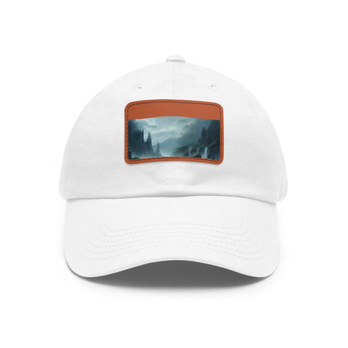 White cotton baseball cap with mystic horizon landscape design.