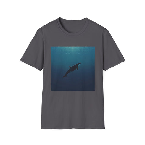Minimalist whale design charcoal t-shirt, serene ocean journey. Cotton, crew neck.