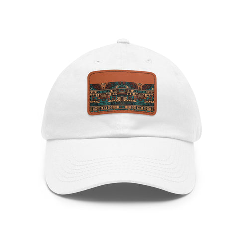 Aztec warrior baseball cap, white with light brown rectangle patch.