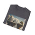 Charcoal crew neck T-shirt with surreal floating island design for summer