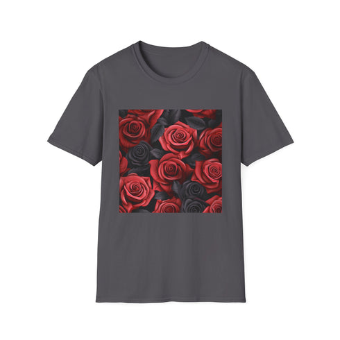 Charcoal cotton tee with crimson red rose pattern crew neck design