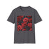 Charcoal cotton tee with crimson red rose pattern crew neck design