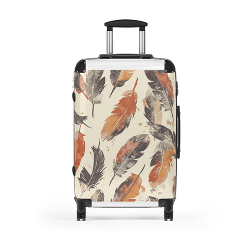 Feathered boho chic small suitcase in black for stylish travel.