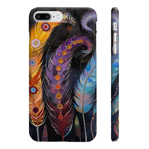 Bohemian feather phone case, earthy tones, slim design.