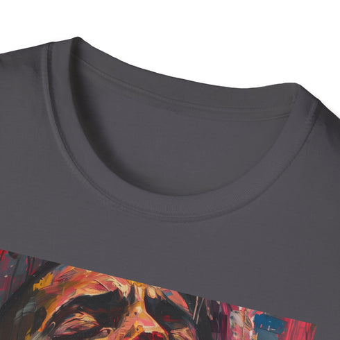 Charcoal crew neck cotton T-shirt featuring vibrant Drake portrait painting