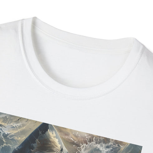 Charcoal cotton T-shirt with colorful Megalodon painting capturing prehistoric majesty