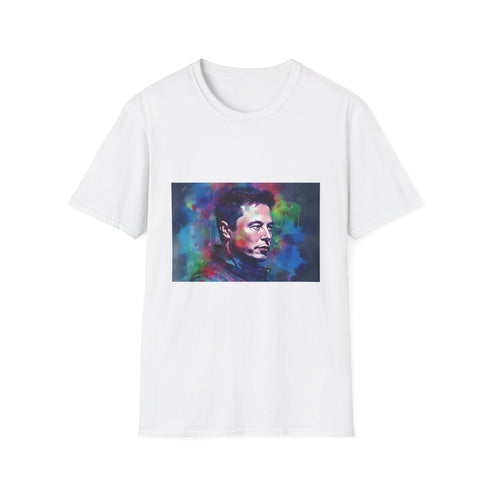 Charcoal cotton crew neck T-shirt with vibrant Elon Musk watercolor design