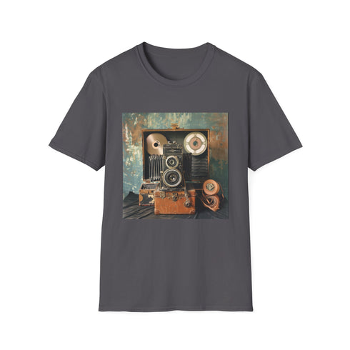 Charcoal t-shirt with vintage camera and film reel print in soft cotton