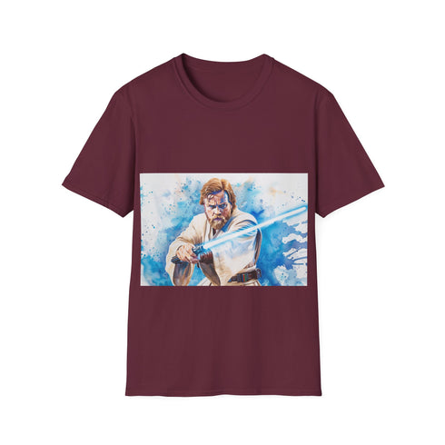 Blue lightsaber tee featuring Obi Wan Kenobi in charcoal, size small.