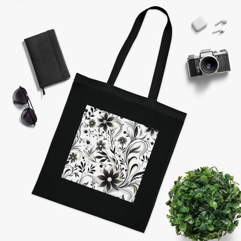 Monochrome Curves Tote Bag in Black Cotton with Striking Abstract Pattern