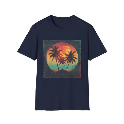 Retro sunset palm tree t-shirt in charcoal, size small.