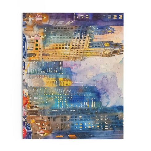 Chic Chicago skyline watercolor puzzle, perfect for city lovers and enthusiasts.