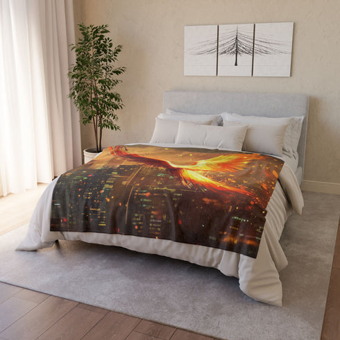 Digital Phoenix in Urban Skyline Plush Fleece Throw Blanket