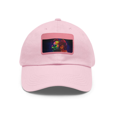 George Michael neon dreams watercolor cap, white with light brown patch.