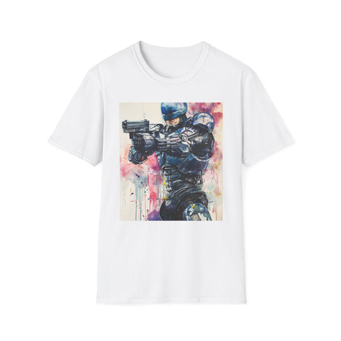 Charcoal RoboCop T-shirt featuring iconic cyborg policeman, suitable for everyday wear.