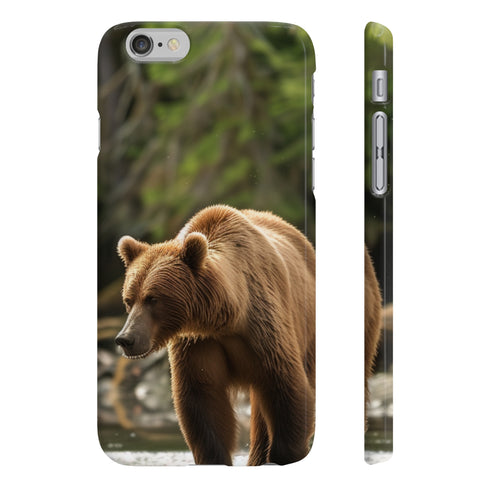 Alt text: Alaskan Wilderness Phone Case featuring a majestic brown bear in its natural habitat, embodying the untamed spirit of Alaska. High-quality, versatile, and stylish design perfect for all seasons. Makes a great gift. Shop more designs at printswithpassion.com