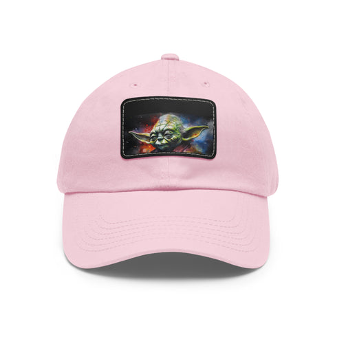 Galactic neon watercolor hat with Yoda design, white/light brown rectangle patch.