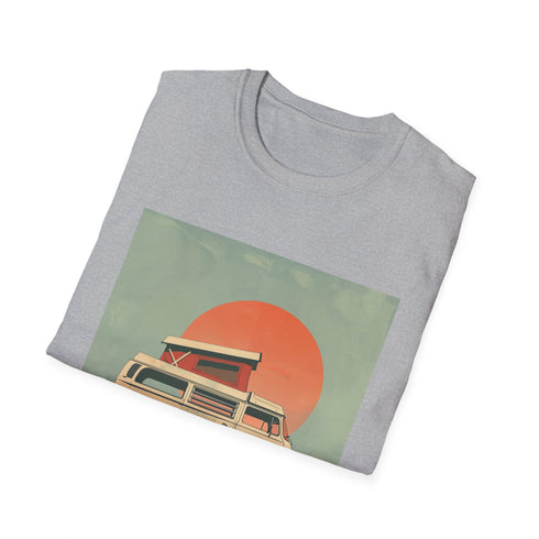 Retro charcoal t-shirt with sunset camper van graphic and breathable cotton fabric