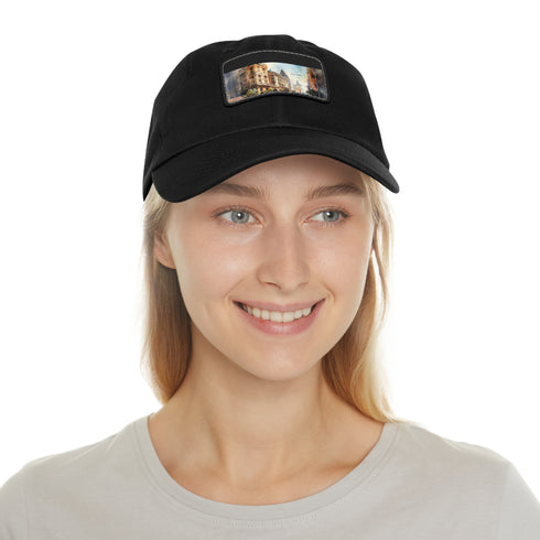 Stylish Melbourne skyline snapback cap in white with light brown patch.