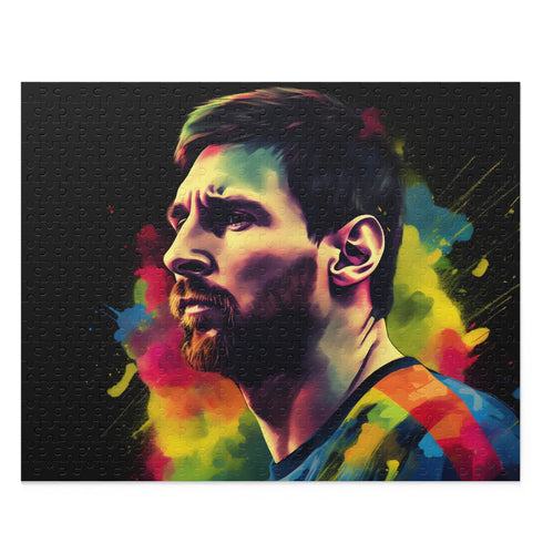 Messi watercolor neon puzzle with vibrant colors and 120 pieces.