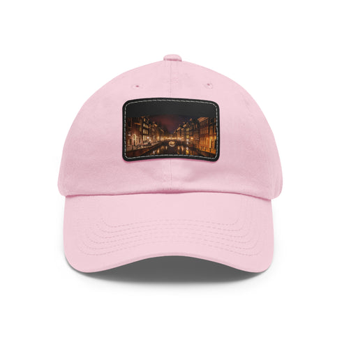 White cotton unisex baseball hat featuring Amsterdam Canals night scene.