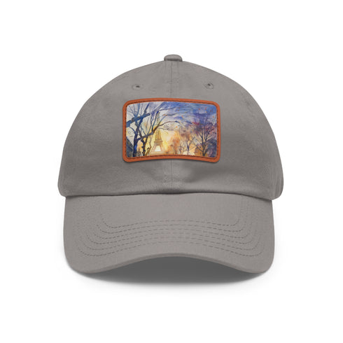 Eiffel Tower watercolor baseball cap, white with light brown patch variant.
