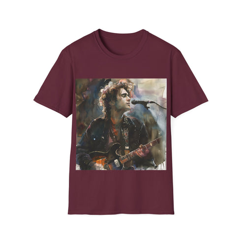 Charcoal Jeff Buckley concert tee, regular fit, vibrant watercolor design.