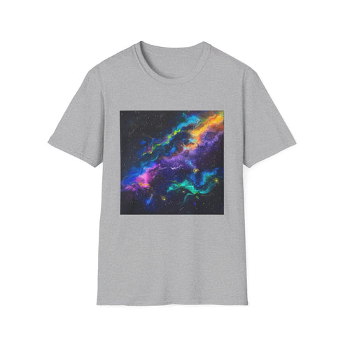 Vibrant charcoal galaxy T-shirt with cosmic neon space pattern and crew neck