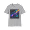 Vibrant charcoal galaxy T-shirt with cosmic neon space pattern and crew neck
