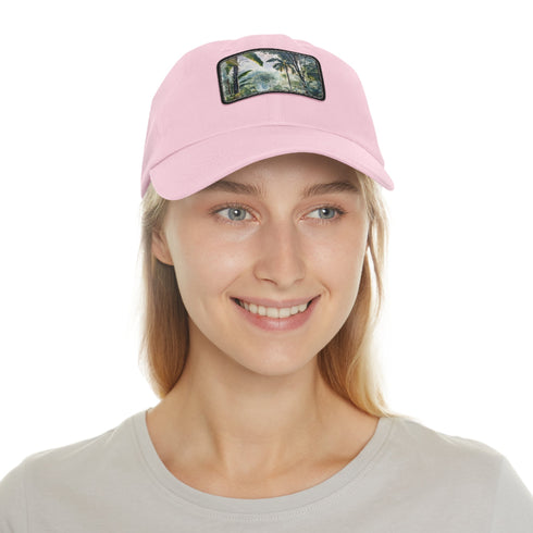 White cotton baseball cap with Congo rainforest watercolor design.