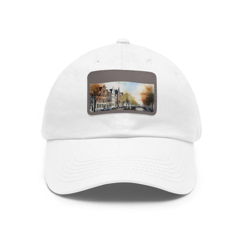 Amsterdam skyline snapback cap in white with light brown patch.