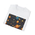 Charcoal celestial patterned cotton T-shirt with whimsical stars and moons