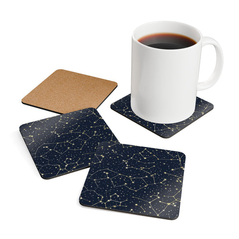 Square corkwood coaster set with celestial starry night pattern.