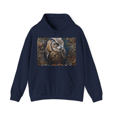 Steampunk owl hoodie in navy, regular fit for ultimate comfort.