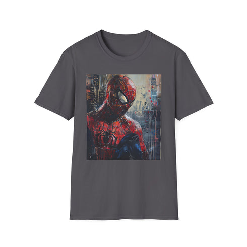 Charcoal crew neck t-shirt with vibrant Spider-Man painting design